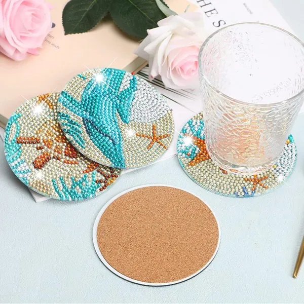 16PCS Rhinestones Diamond Painting Coasters with Holder – DIY Marine Animal Craft Coasters with Cork Base for Adults & Beginners