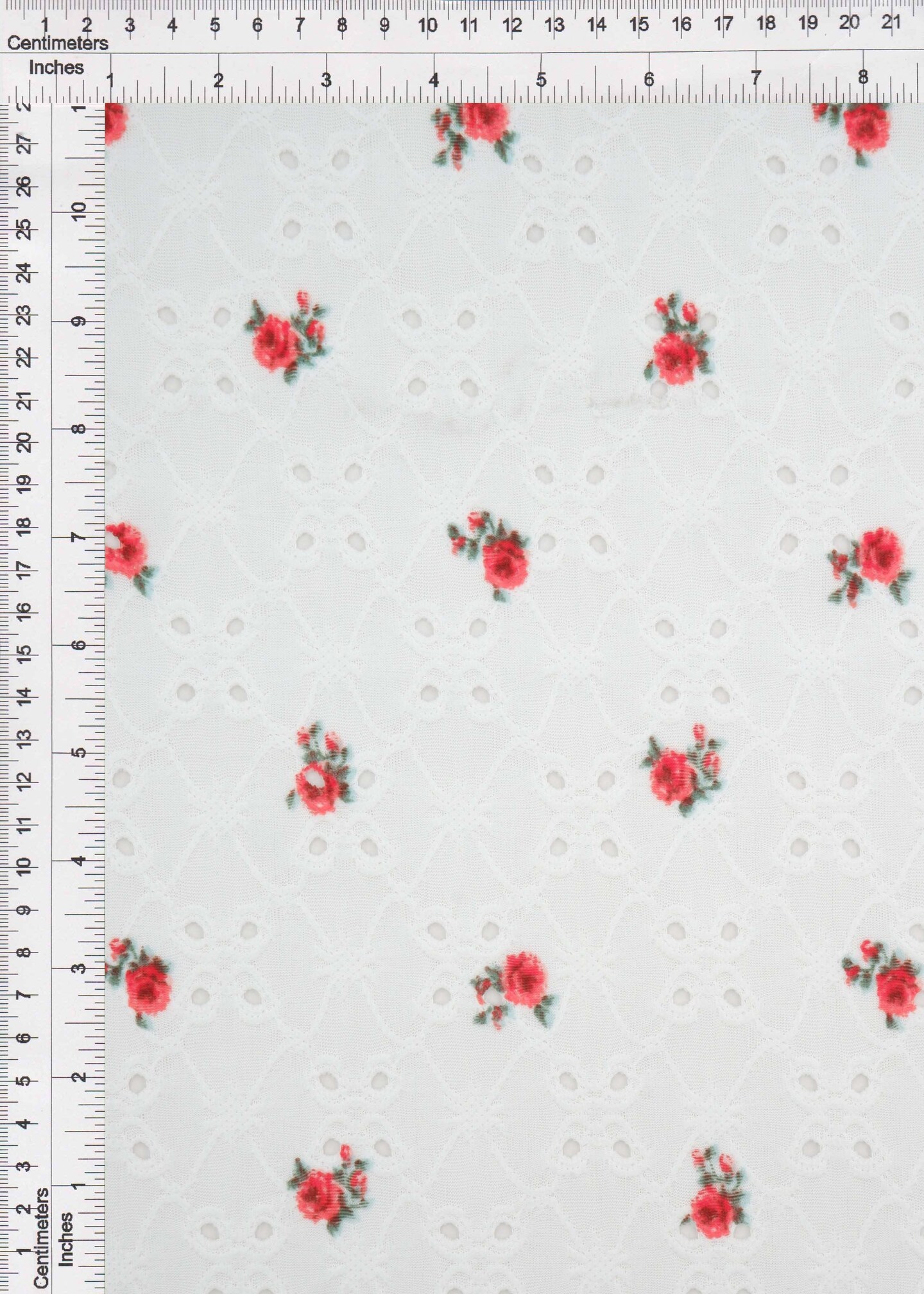 1 Yard Ivory &#x26; Coral Red DTY Knit Jacquard Ditsy Eyelet Print Fabric 58/60 Inches Wide