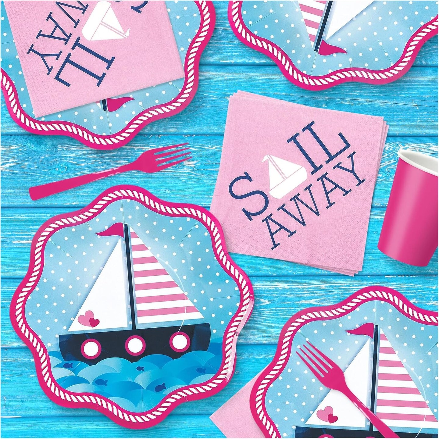 8 Ct. Pink Nautical Party Paper Dinner Plates Baby Shower & 1st Birthday Celebrations 10.5"