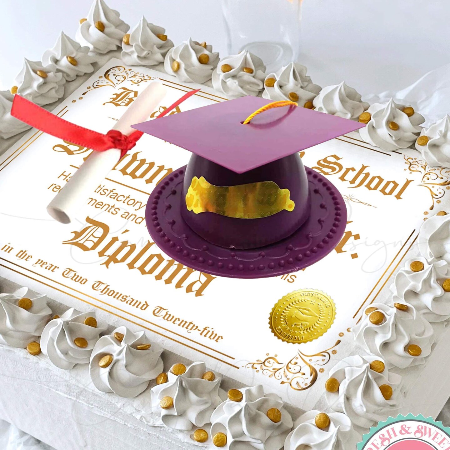 24 Count Graduation Cap Cake Topper with Diploma Plastic Paper Party Decoration Burgundy 3.5 Inch