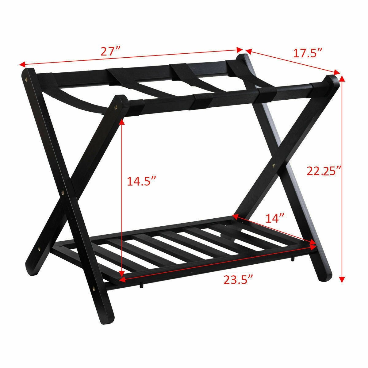 Black Wooden Foldable Luggage Rack with Top and Bottom Shelves Ideal for Hotel or Home Use
