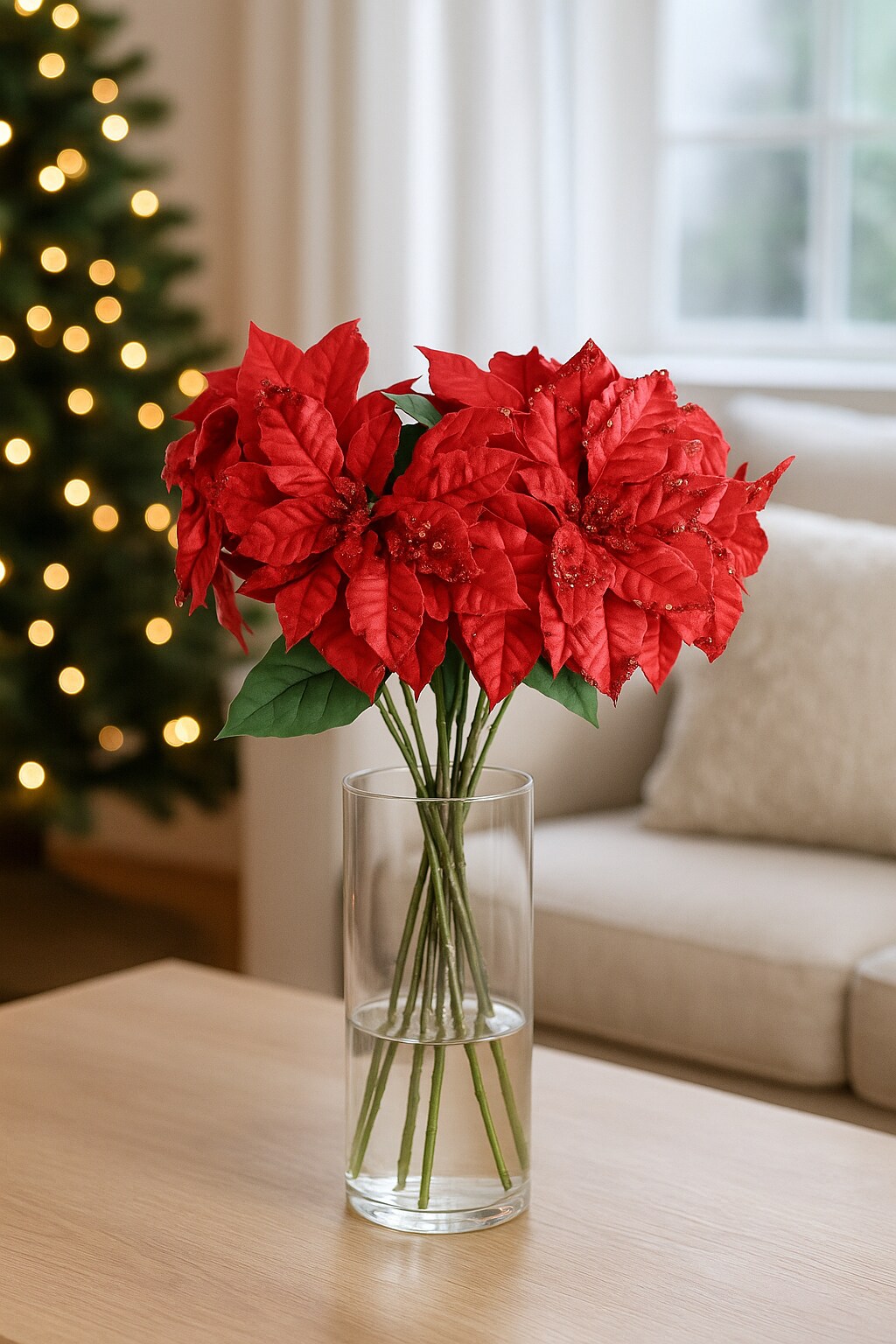 33" Red Poinsettia – Artificial Holiday Glitter Décor Flower, Christmas Faux Plant for Home, Wreaths & Centerpieces, Set of 3
