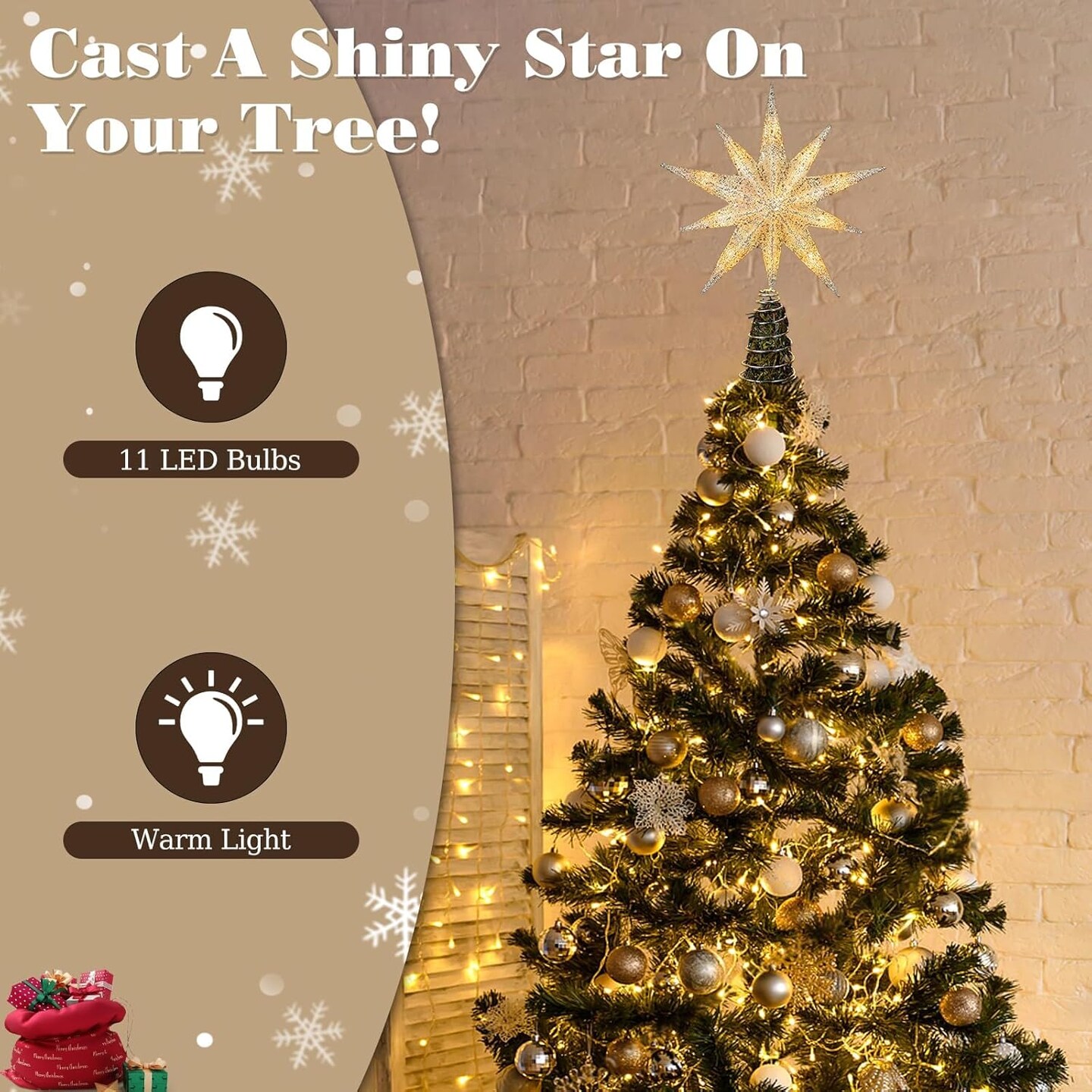 13inch Xmas Tree Topper with LED Light Beads(Silver)