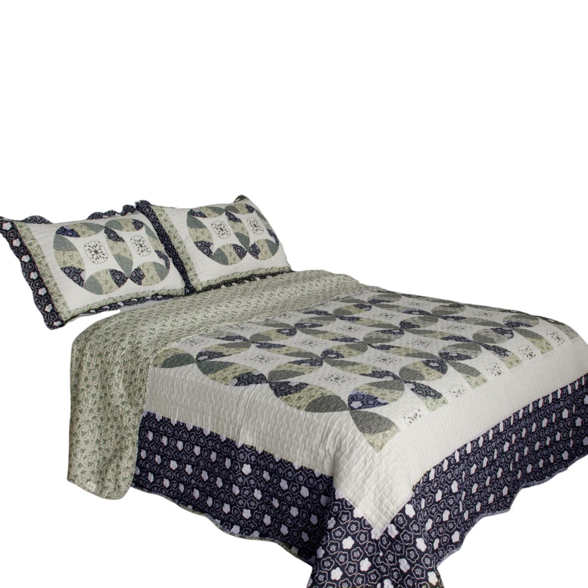 3 Pieces Cotton Quilt Set Full/Queen, Floral Prints, Vermicelli Quilted, Reversible with Shams