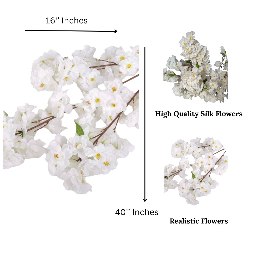 Aria White Cherry Blossom Branches Set of 3 Artificial Silk Stems Faux White Floral Bundle for Home, Wedding & Event Decor