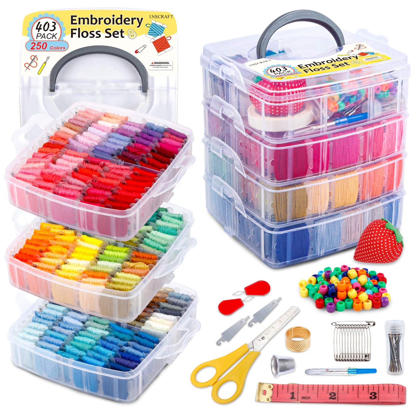 403 Pack Embroidery Floss Set, 250 Colors Cross Stitch Friendship Bracelet Thread with 153 Pcs Cross Stitch Tool, 4-Tier Transparent Box for Storage