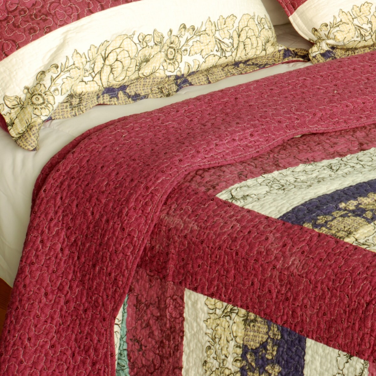 Full/Queen Cotton Quilt Set 3-Piece Vermicelli Quilted Stripes 90x98