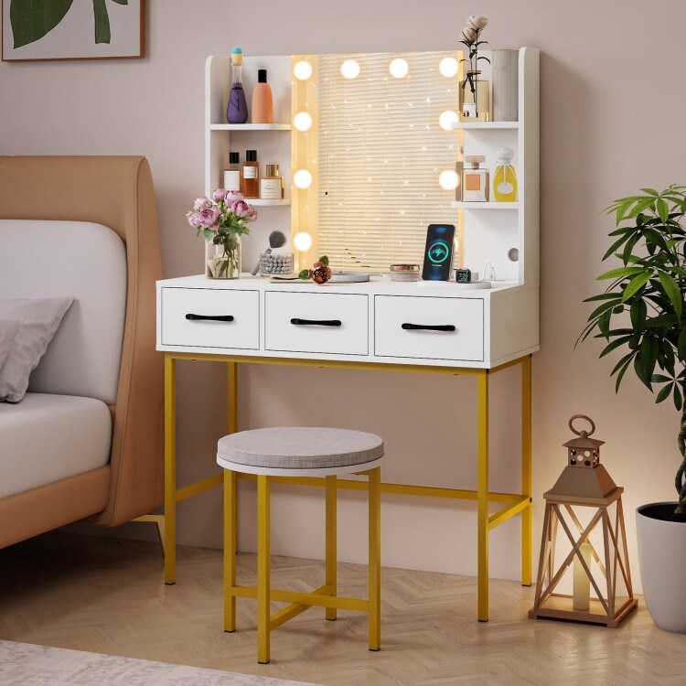 White Vanity Table with Lighted Mirror, 3 Dimmable Modes, Storage Drawers & Charging Station with Cushioned Stool
