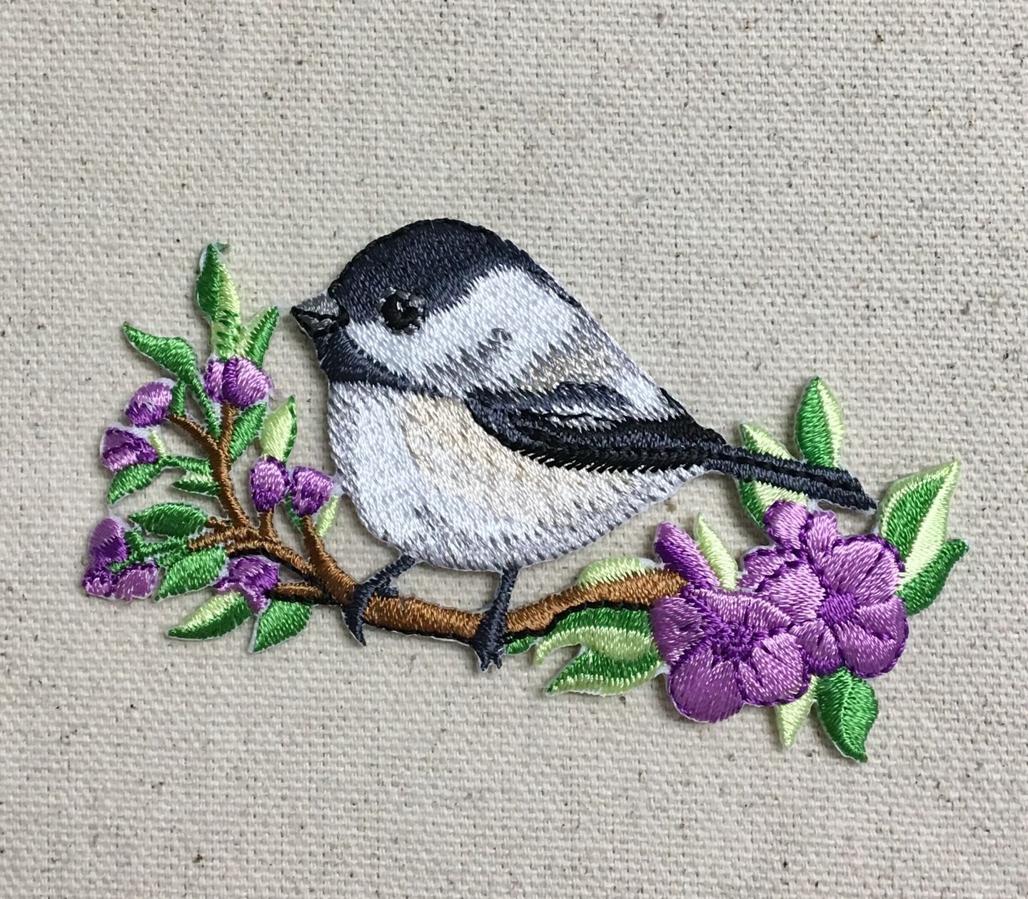 Chickadee Bird on Branch Embroidered Patch Embroidered, Iron on Patch