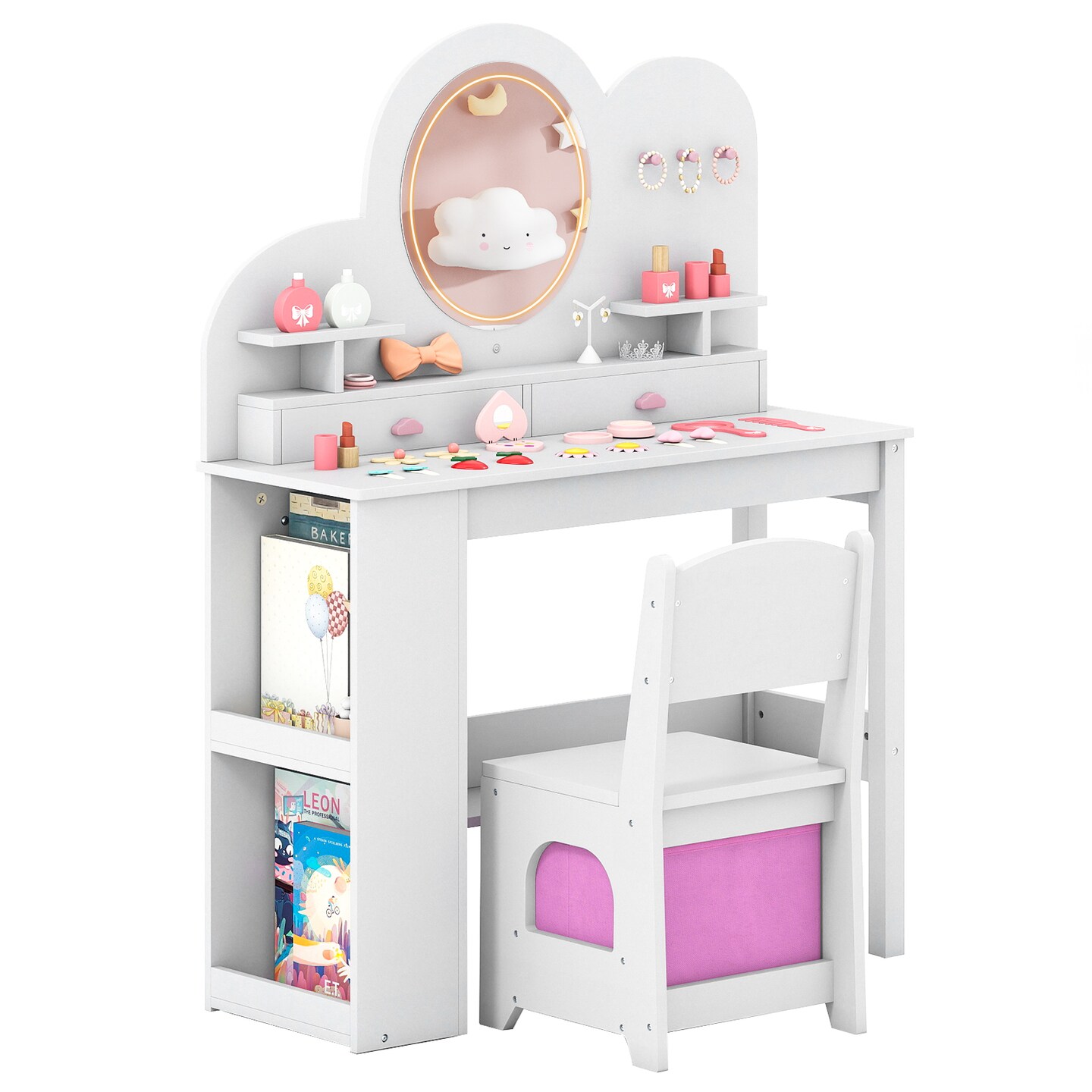 Kids Princess Vanity Table & Chair Set with Lights, Drawers & Bookshelf