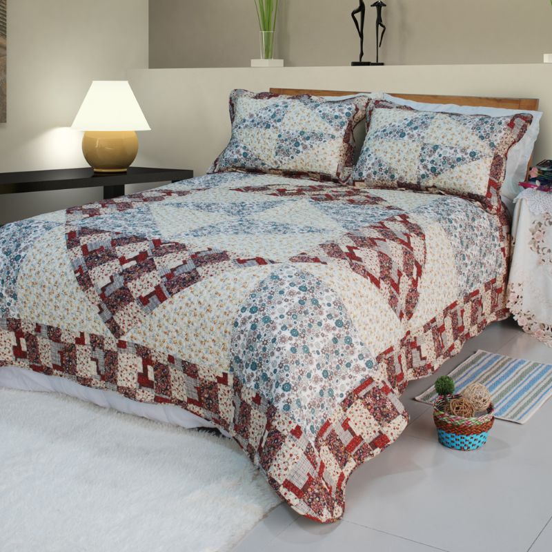 Twin Size Handmade 100% Cotton Quilted Bedding Set Floral Vermicelli Quilt with Sham, Reversible