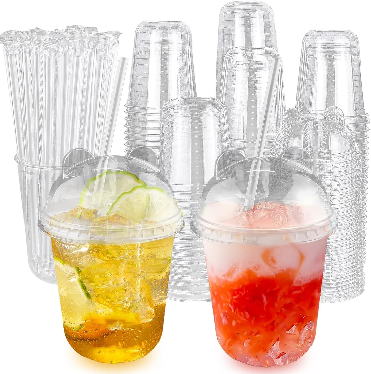 50 Sets 12oz Disposable Transparent Plastic Cup with Panda Lids & Straws