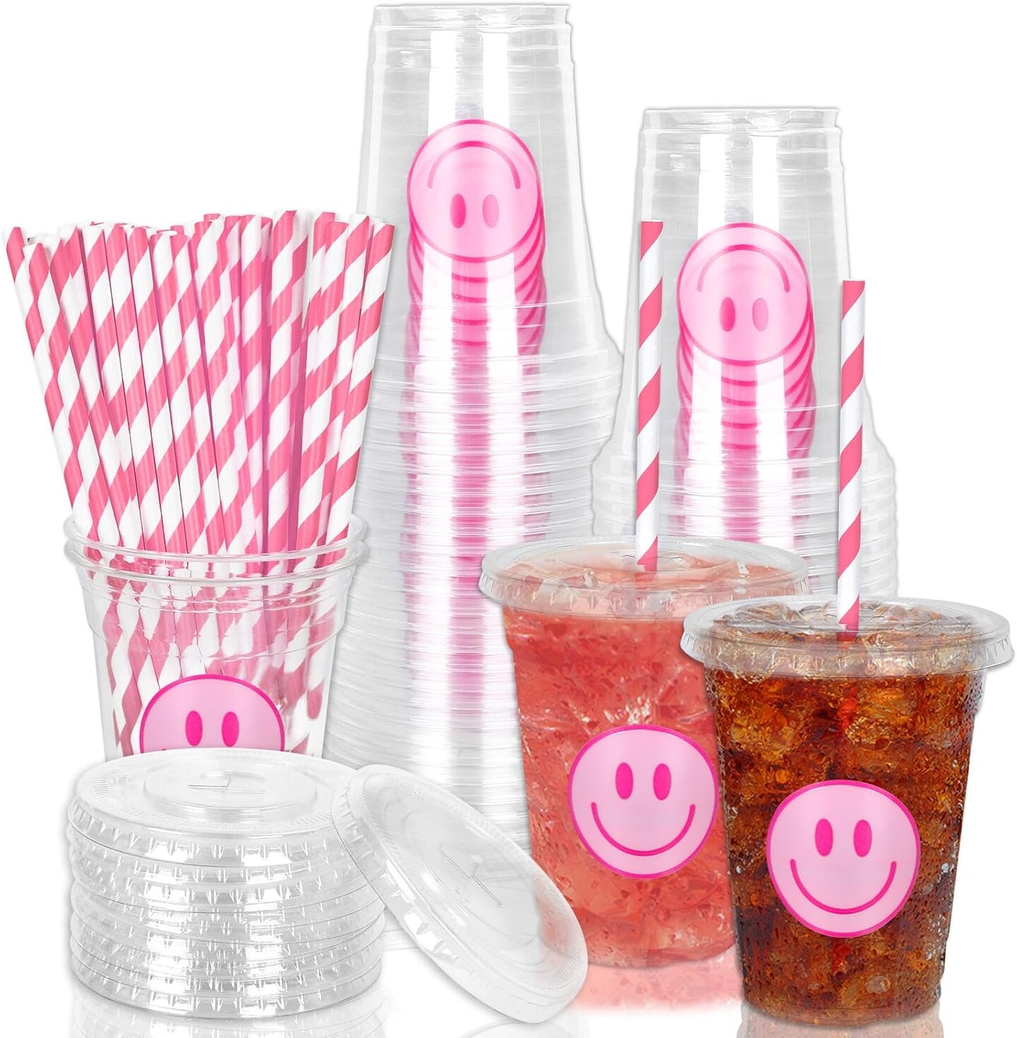 50Pcs Valentine’s Day Pink Smile Face Cups with Lids and Straws 12oz Disposable Plastic Party Cups Preppy Happy Face Cold Beverage