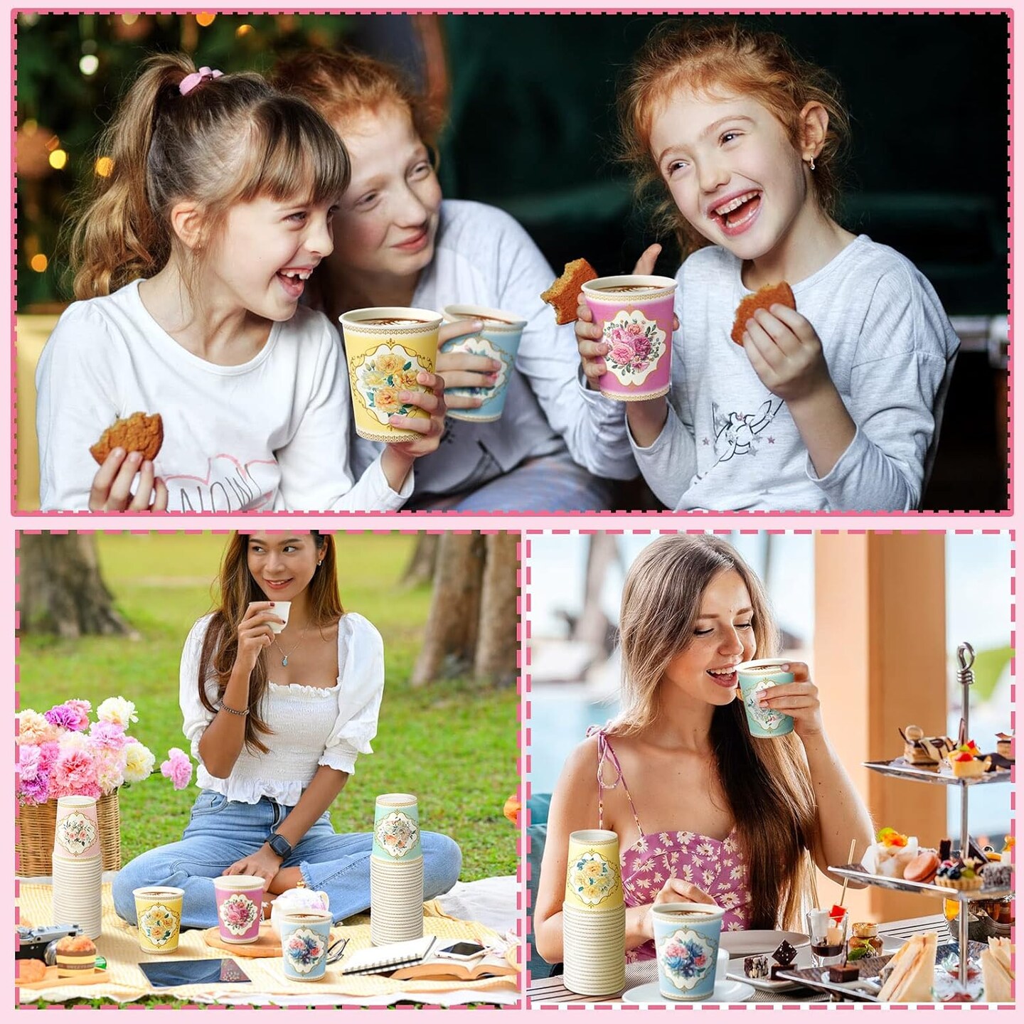 36 Pack 9 oz Spring Floral Paper Cups Vintage Tea Cup Disposable Coffee Mugs with Lids for Women Girls Bridal Shower Wedding Tea Party Decorations Baby Shower