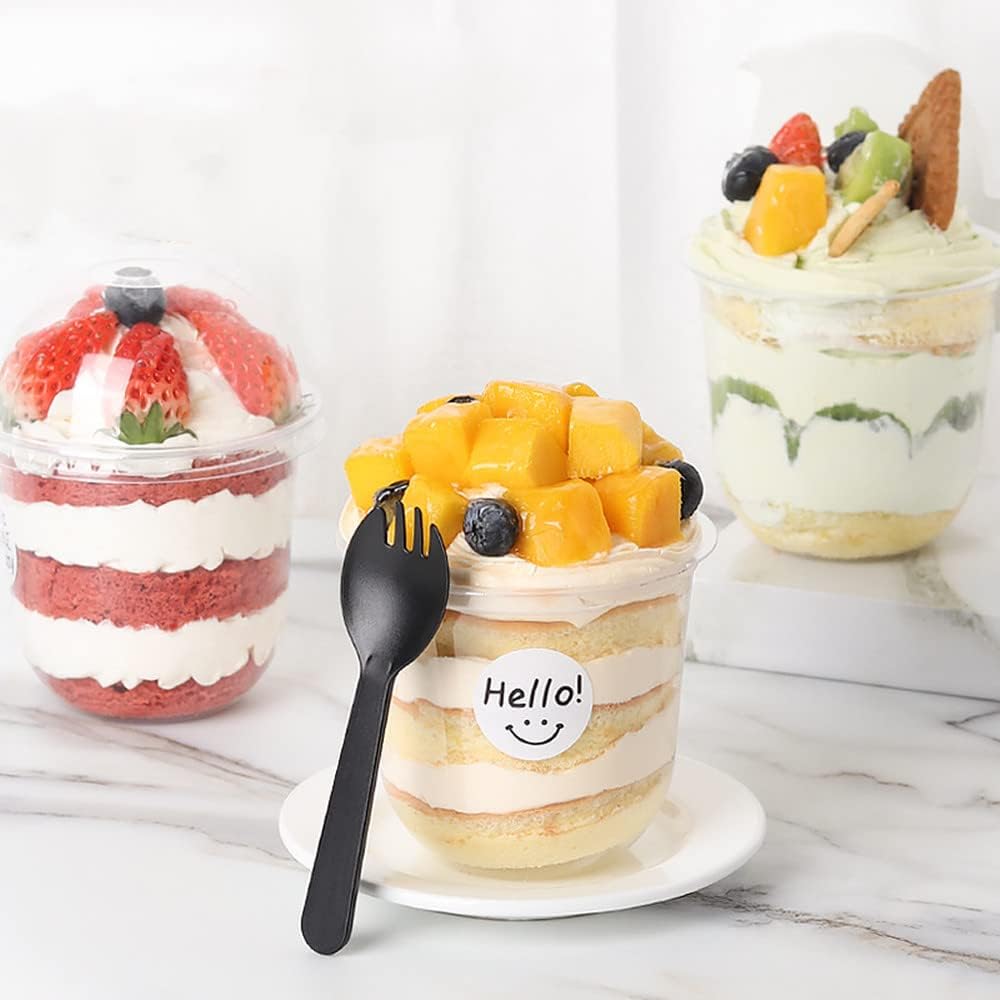 12oz Disposable Plastic Cups with Dome Lids (No Hole),50 pack Dessert Cups for Plastic Fruit, Ice Cream Cake and Mini Snack Bowls