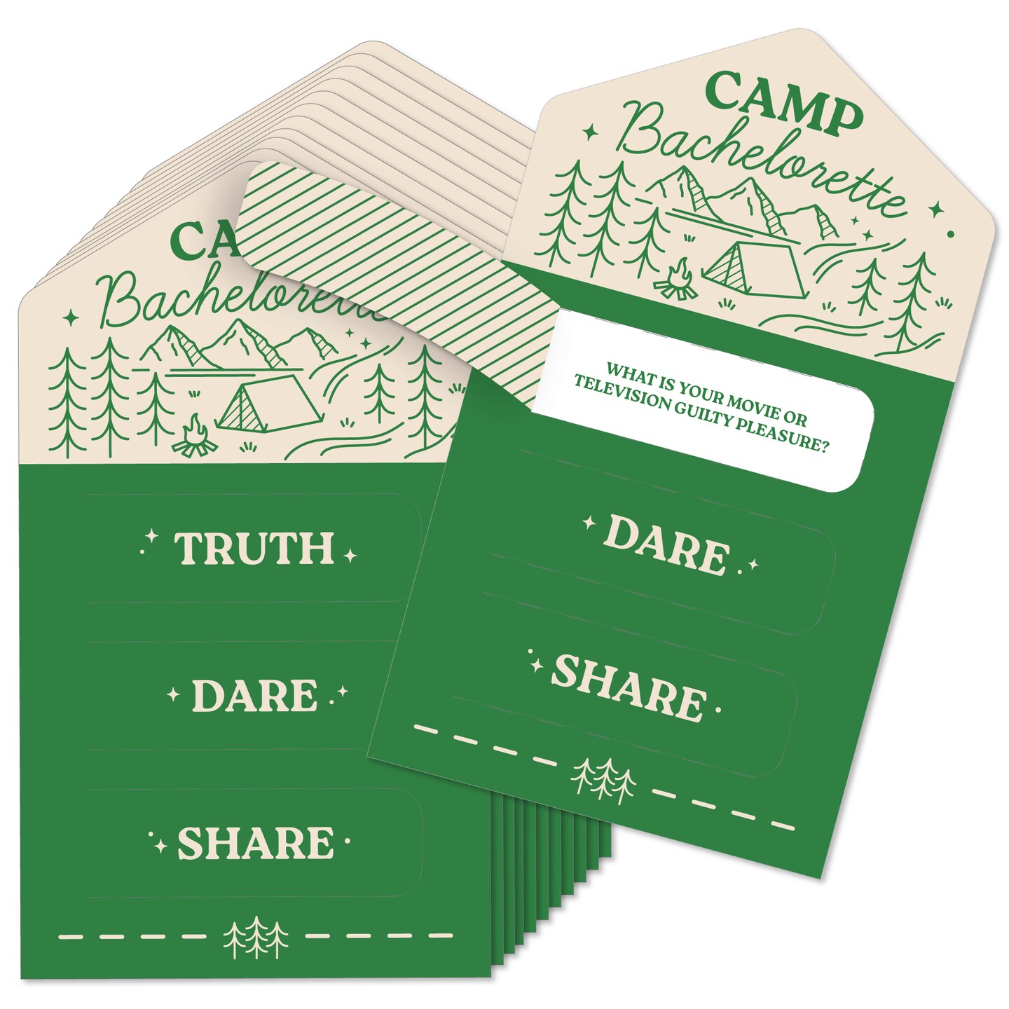 Big Dot of Happiness Camp Bachelorette Truth, Dare, or Share Pull Tabs Game, Cabin Glamping Bachelorette Party Game Pickle Cards - Set of 12
