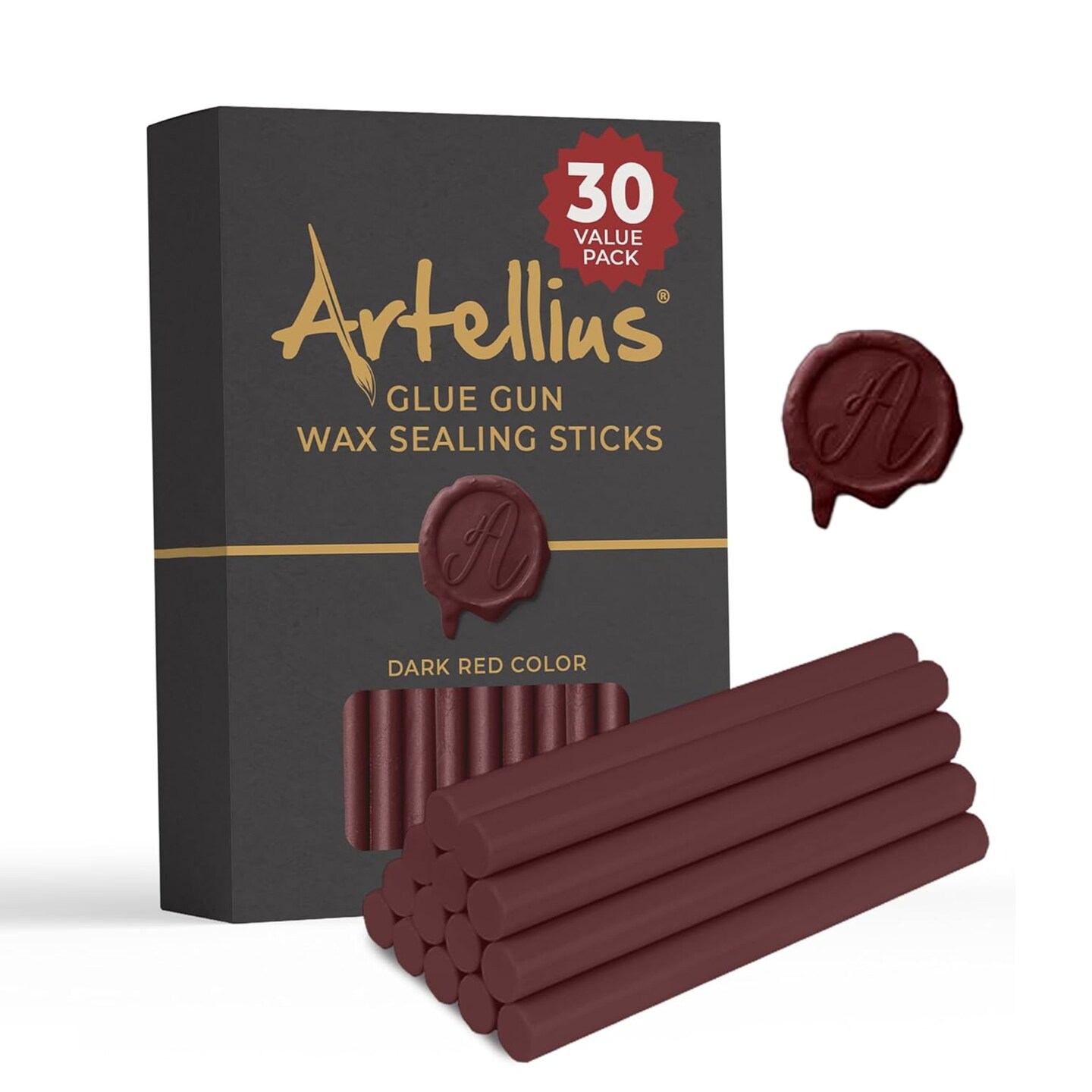 Artellius 30-Pack Premium Sealing Wax Sticks - Wax Seal Glue Gun Sticks for Crafting, Invitations &#x26; Letters - Dark Red