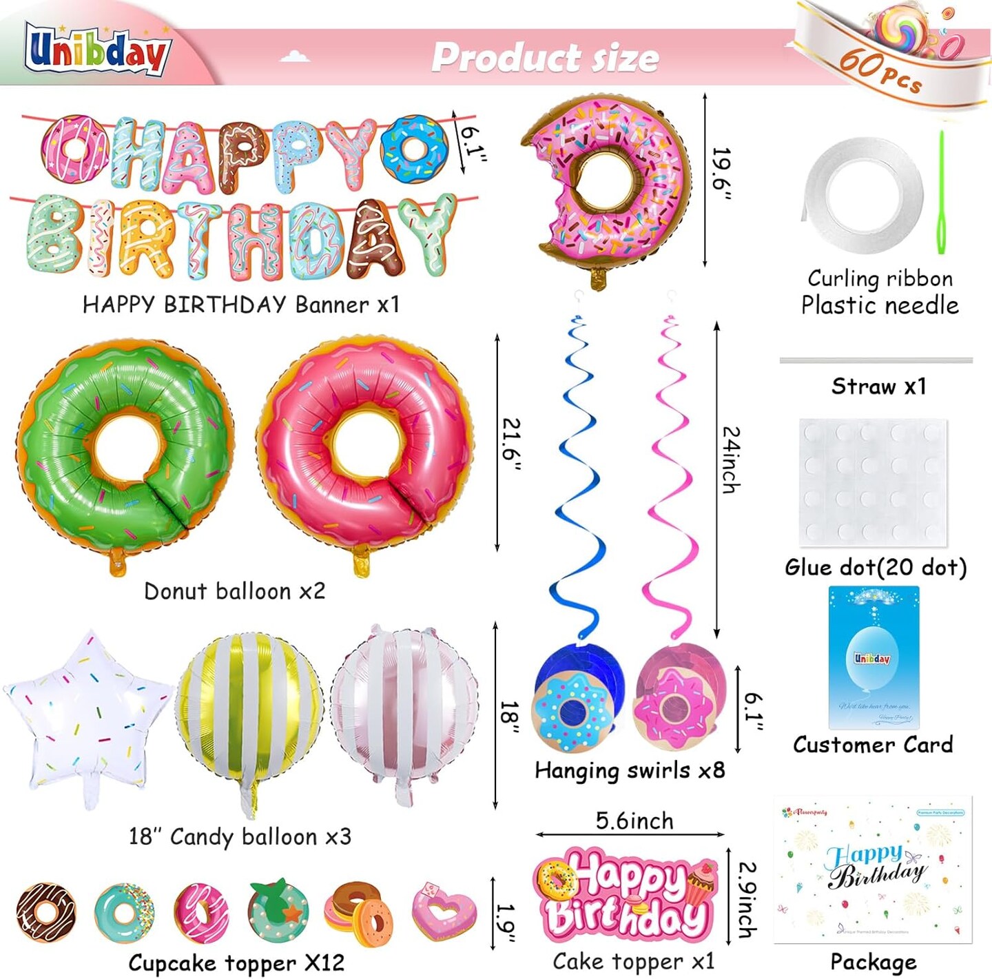 60 Pcs Candyland Party Decorations, Donut Party Supplies with Happy Birthday Banner, Cake Topper, Swirls, and Balloons