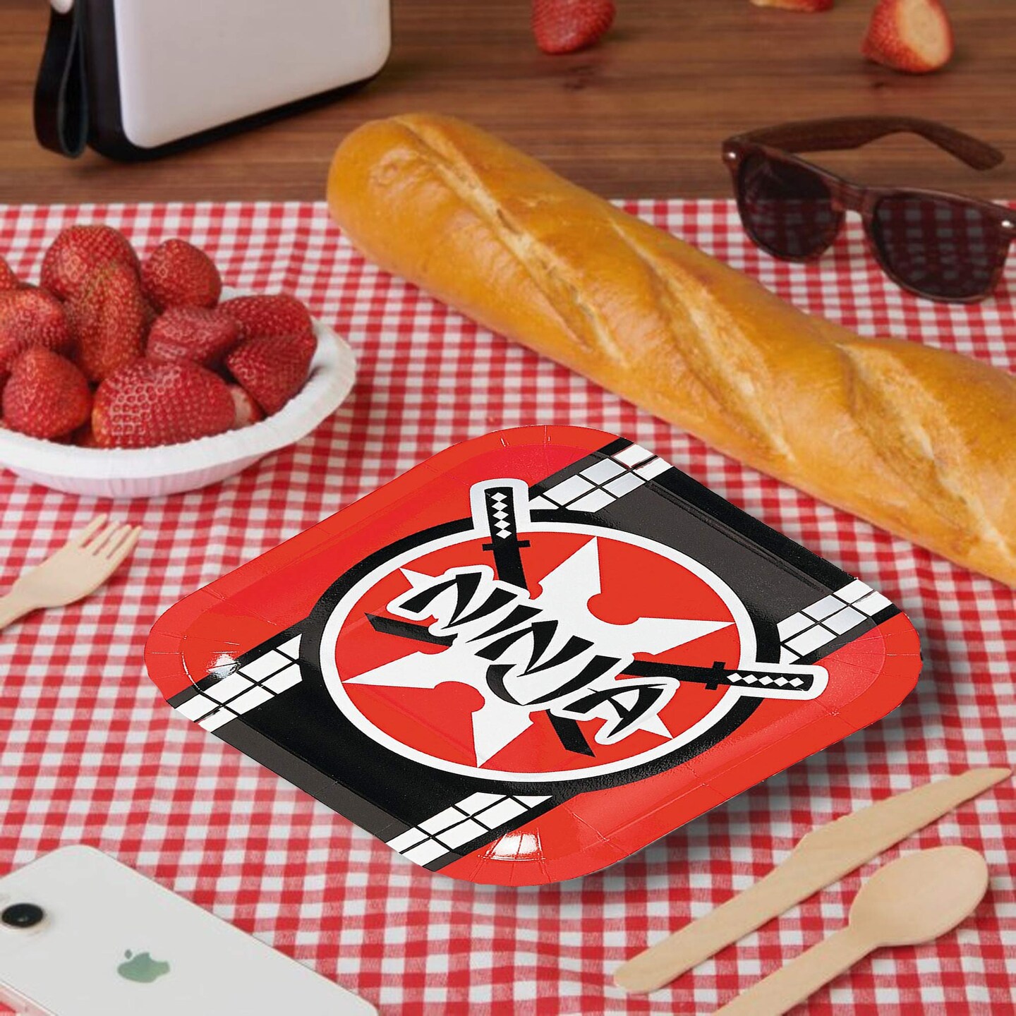 8 Ct Ninja Warrior Party Dessert Plates 7" Square Red & Black Ninja Star Design