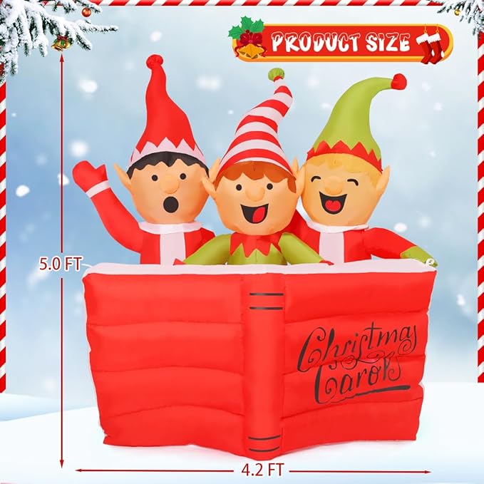 GOOSH 5 FT Christmas Inflatables Elf High Scripture Reading Book with Built-in LEDs