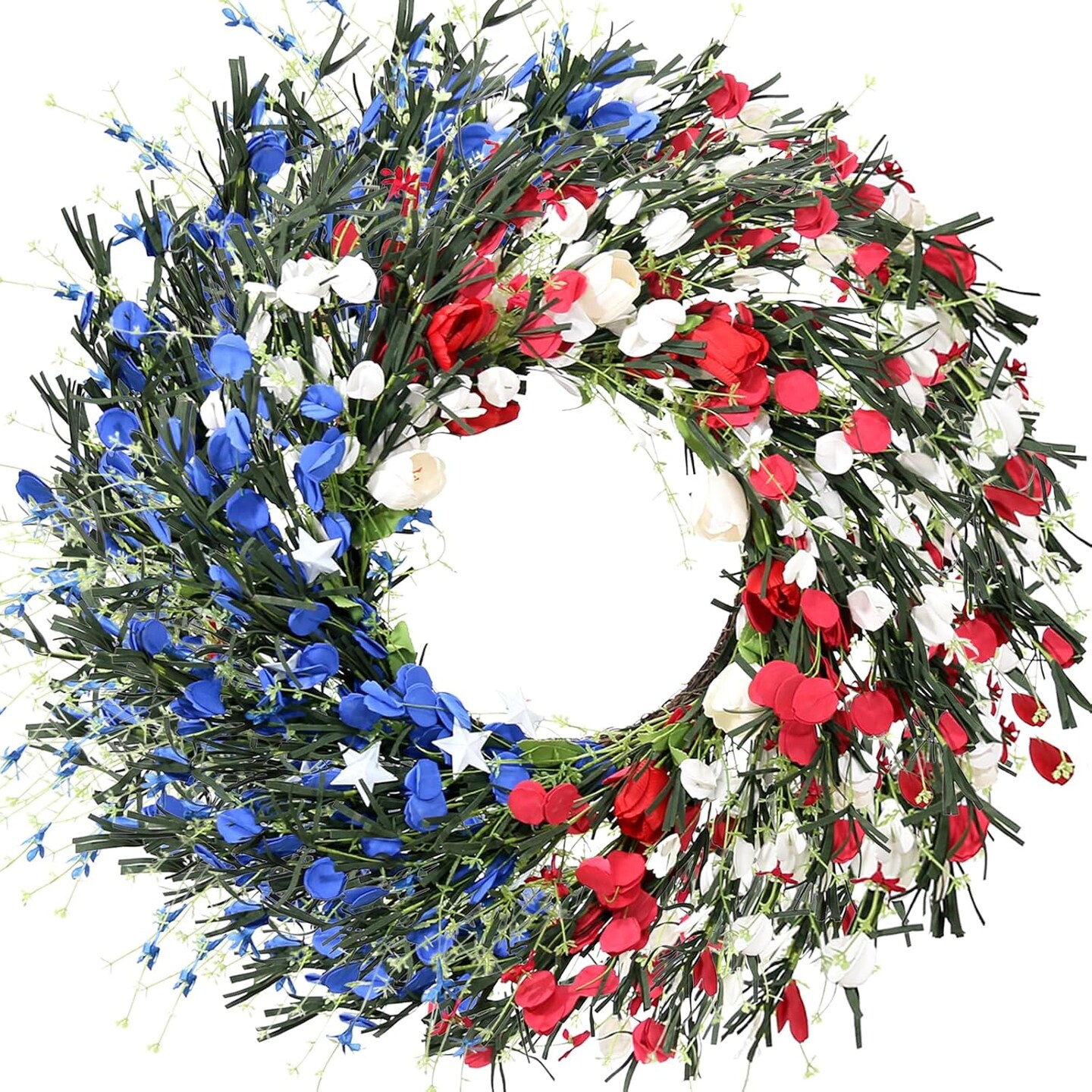 22 Inch Red White and Blue Patriotic Wreath – 4th of July Front Door Wreath with Foam Flowers & Stars, Handmade Independence Day & Memorial Day Home Porch Decoration
