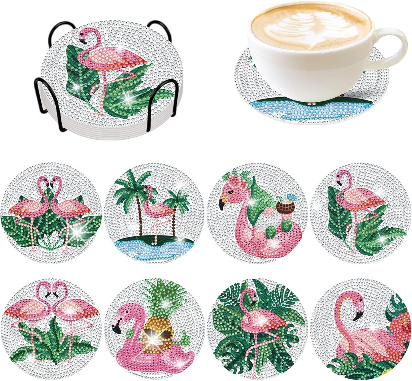8 Pcs Summer Flamingo Diamond Coasters with Holder