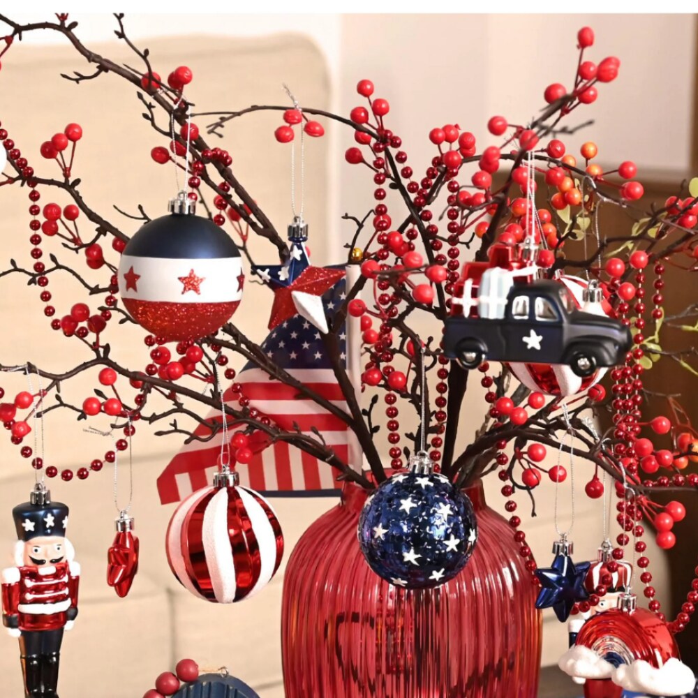 USA Flag Inspired Patriotic Ornament Set, 70pc Red White Blue Baubles