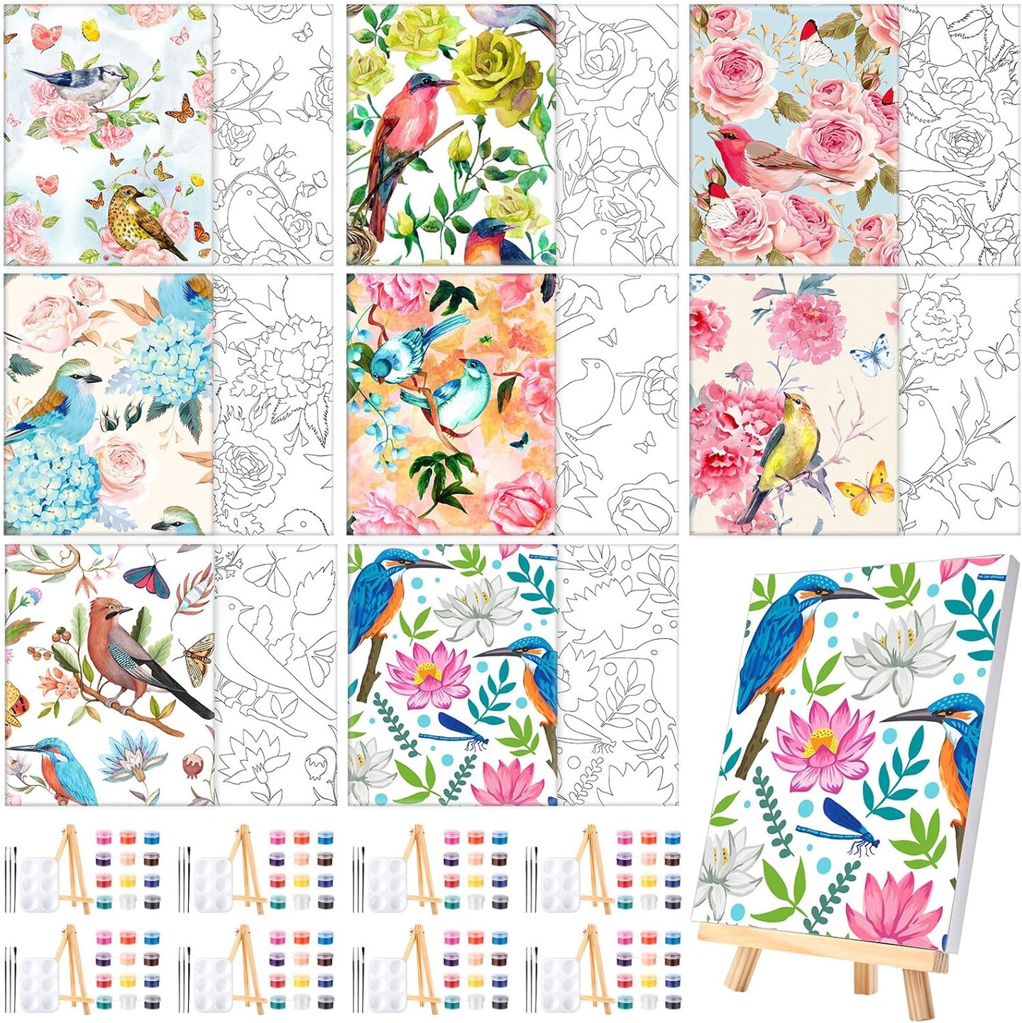 8 Sets Flower and Bird Pre Drawn Canvas Painting Kits - 8" x 10"
