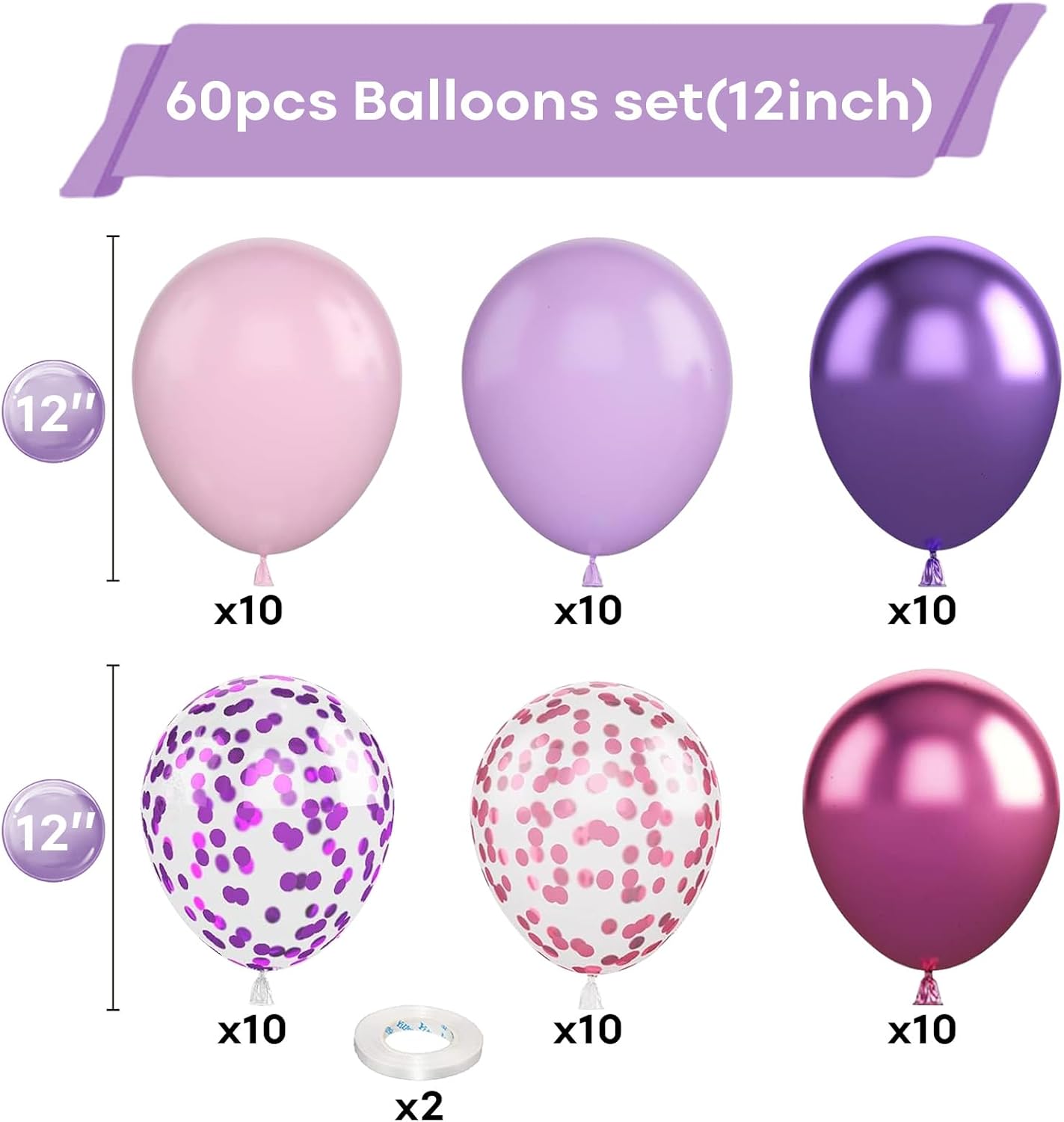 60 Packs 12 Inch Metallic Purple Pink Confetti Balloons (Pink Purple)
