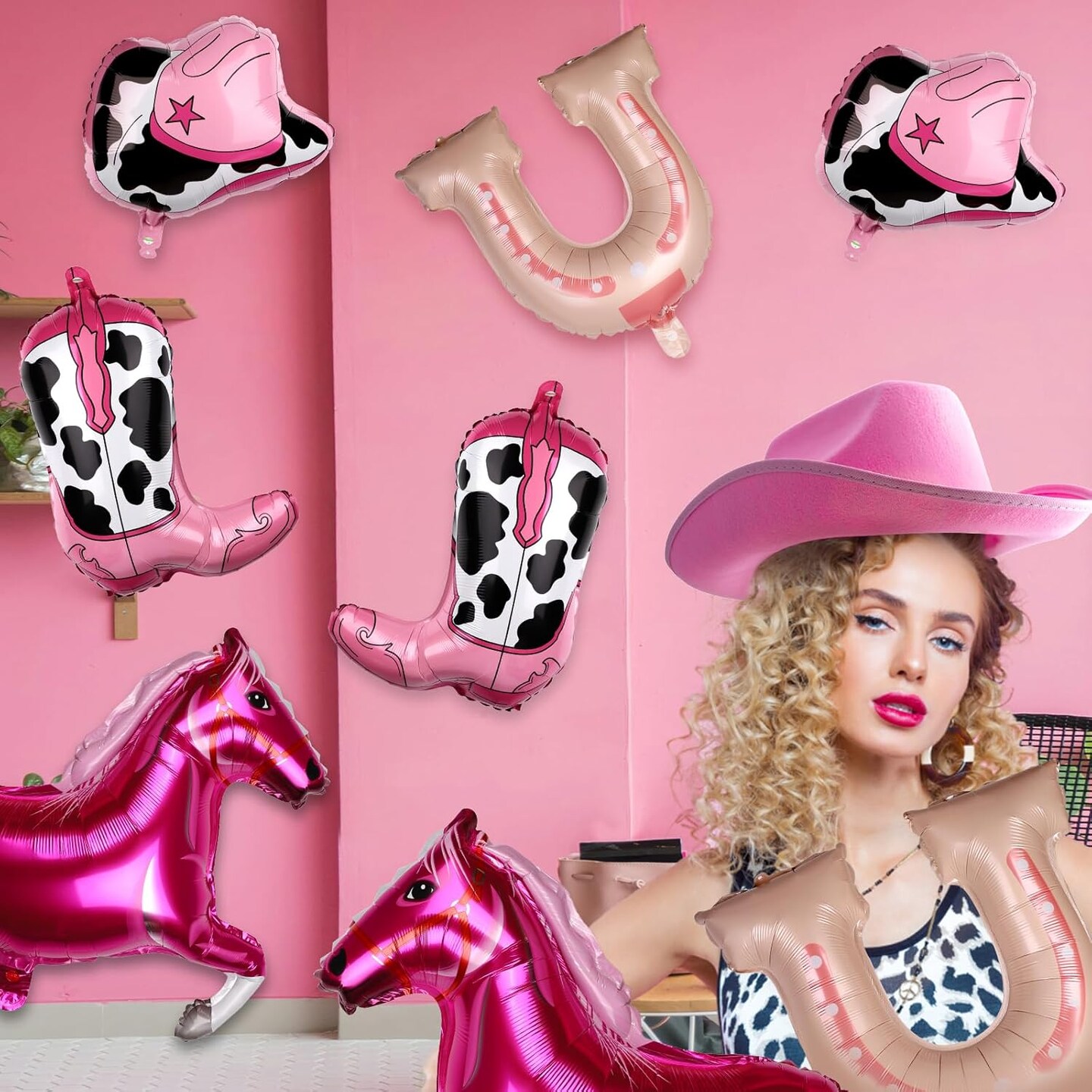 Pink Cowgirl Hat Boot Horse Latex Balloons(pink)