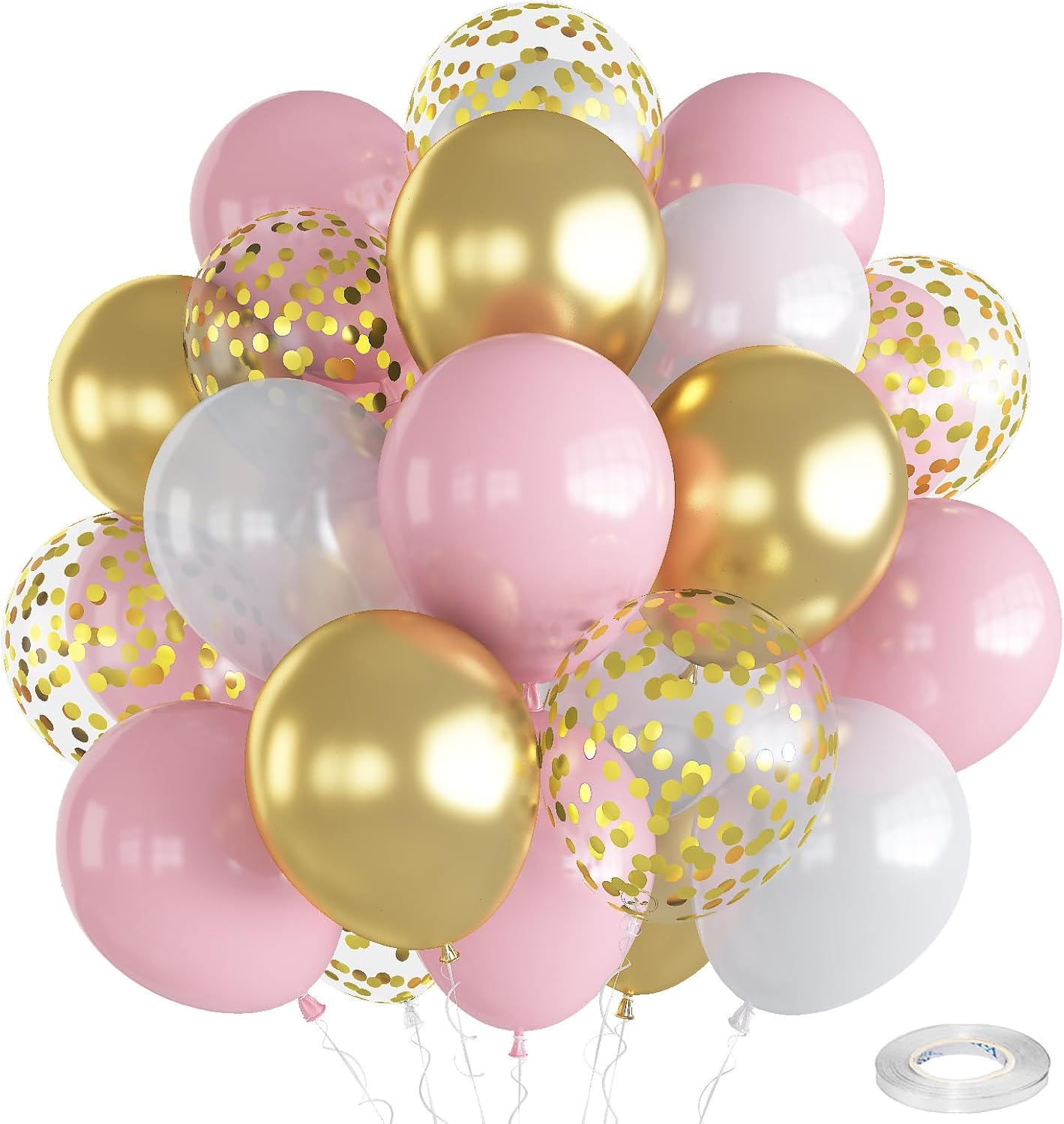 2 Inch Pastel Pink Pearl White Metallic Chrome Gold Confetti Latex Balloons(Pink White Gold)