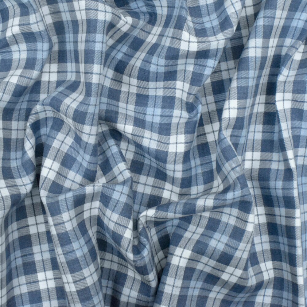 Blue-Navy-White Plaid Cotton Twill Woven Fabric By the Yard