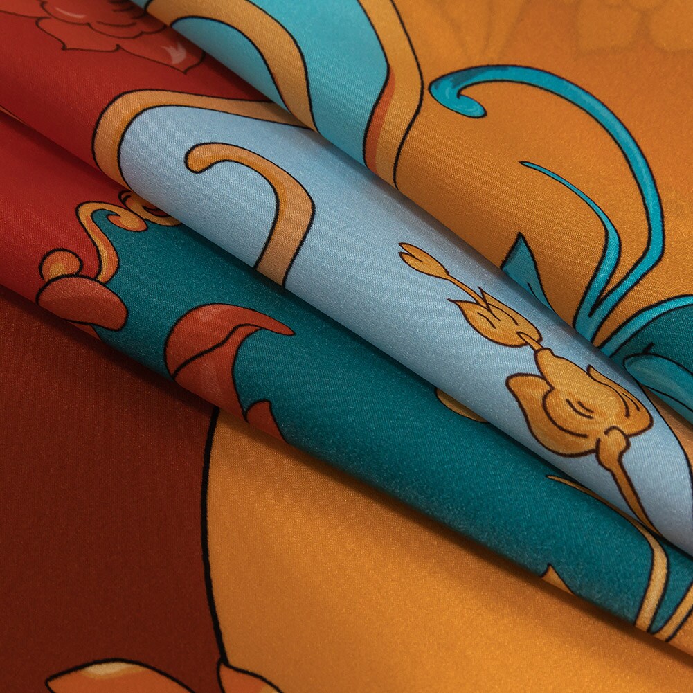 1 Yard Italian Ornate Silk Charmeuse Fabric Rust Orange &#x26; Aqua Print 53&#x22; Inches Wide