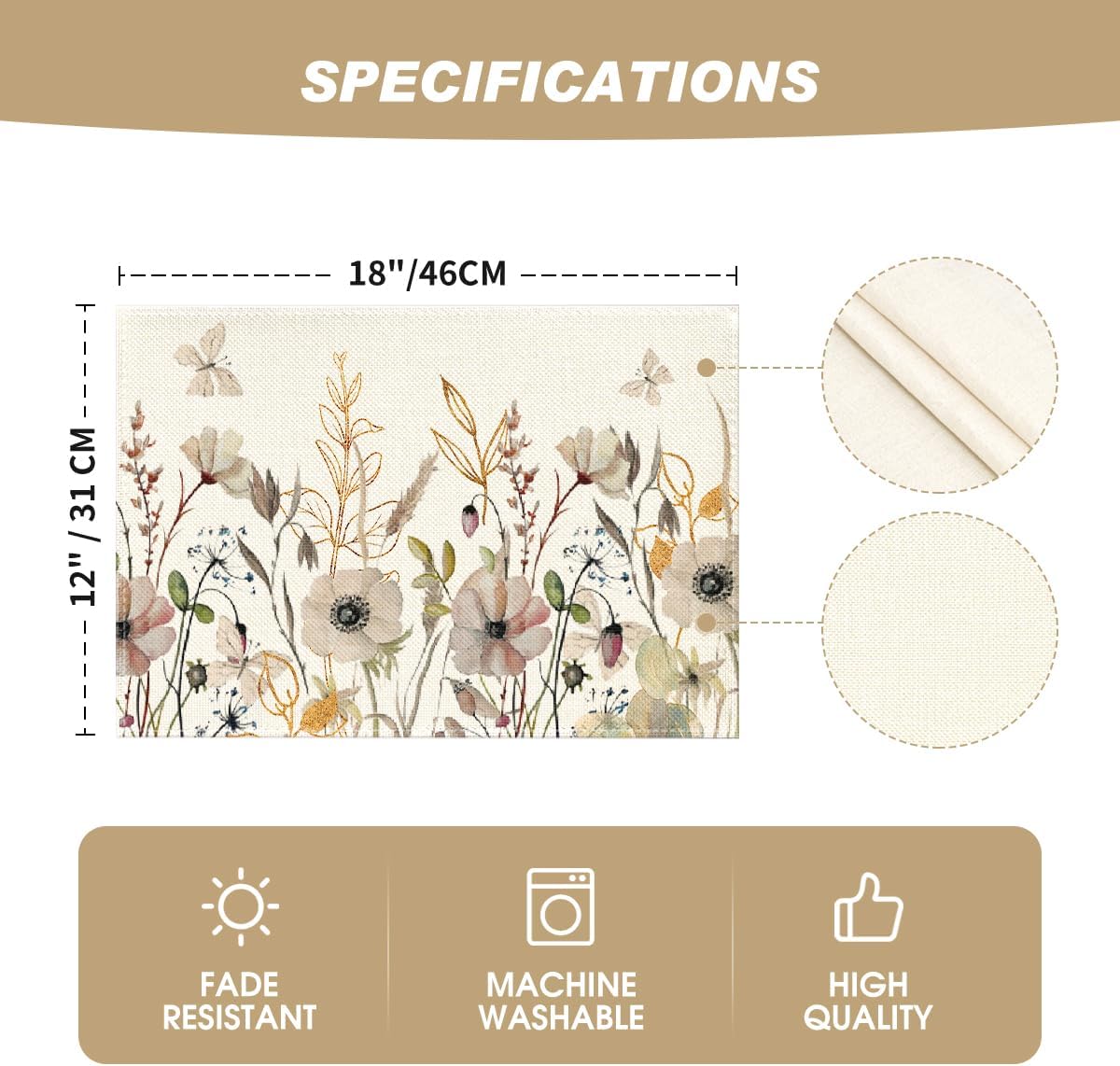 Set of 4 Wildflowers Floral Fall Placemats - 12x18 Inch (Beige)
