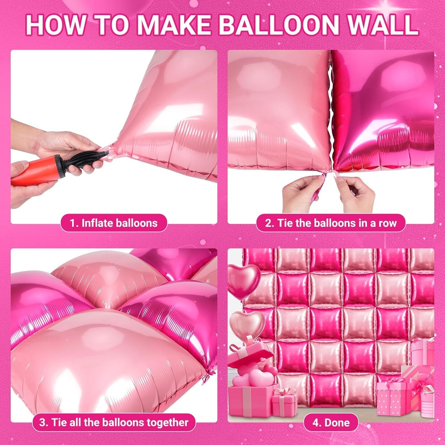 50 PCS Hot Pink Square Foil Balloons, Reusable Double Sided DIY Mylar Balloon Arch & Wall Backdrop Kit for Bridal Wedding Birthday Bachelorette Graduation Baby Shower Party Decorations