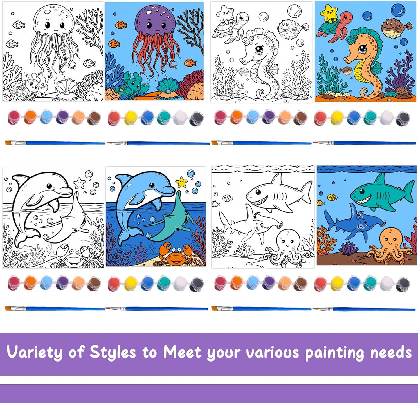 4 Packs 7.8x7.8 Pre Drawn Canvas Paint Set,Paint by Numbers for Kids,48 Paints 8 Brushes 2 Easels