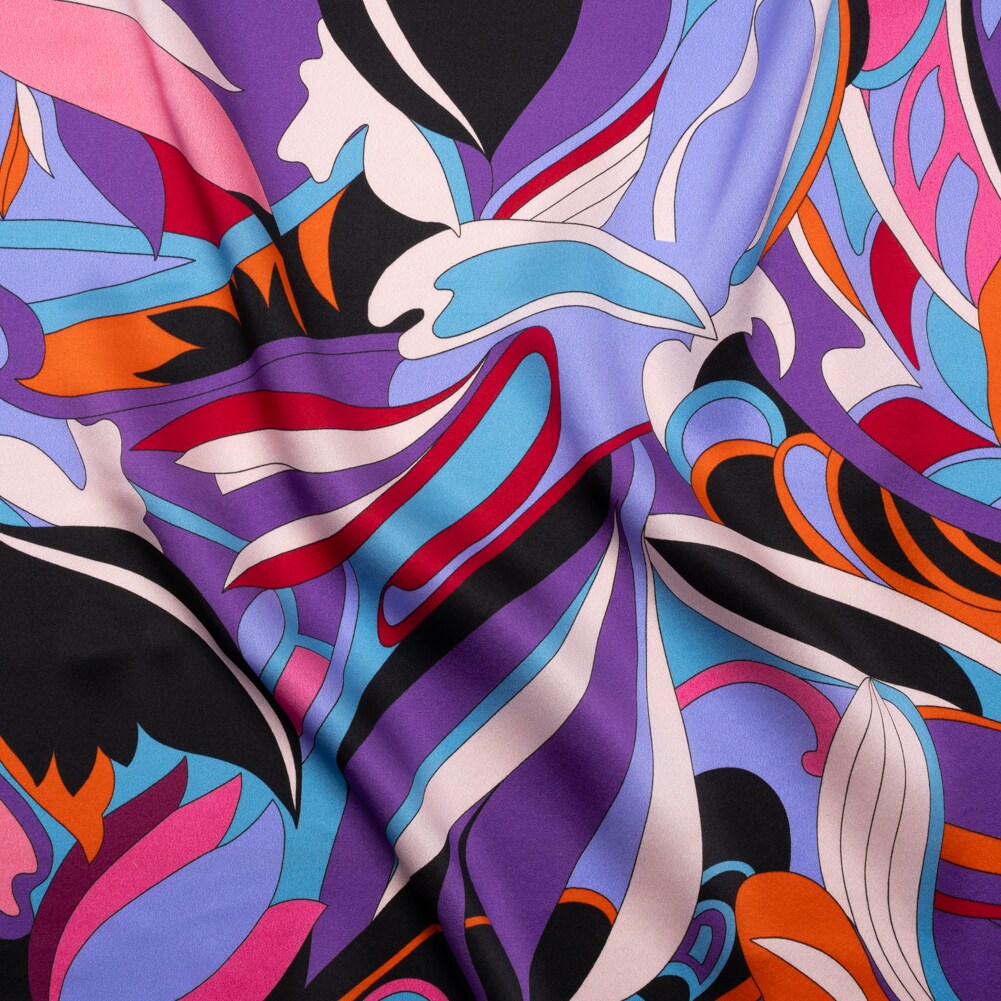 1 Yard Italian Periwinkle, Orange and Fuchsia Retro Floral Swirl Silk Charmeuse Fabric 53 inch Width