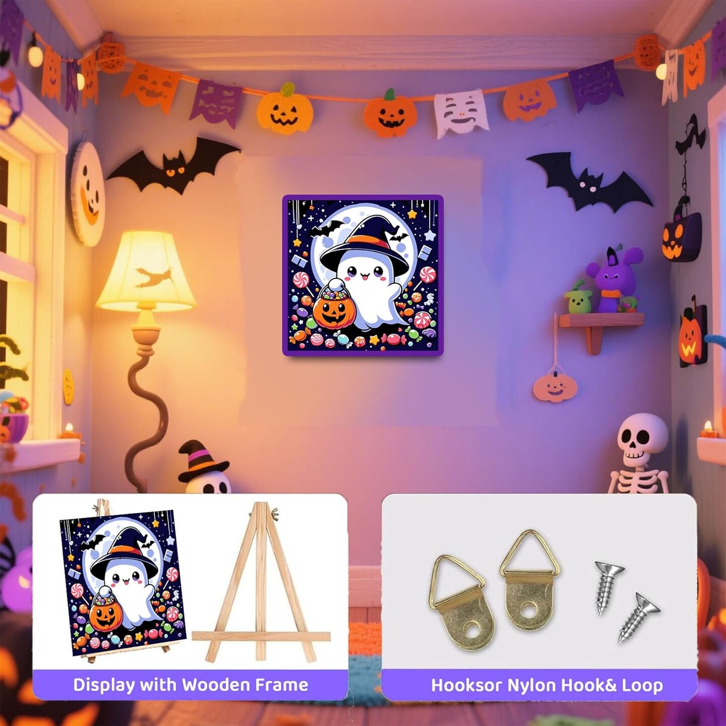 Halloween Ghost Paint by Numbers Kit with Frame and Wooden Easel - 8x8 Inch