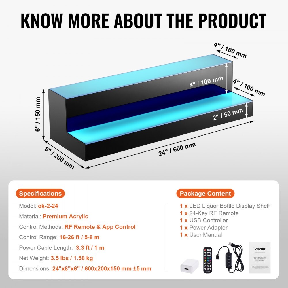 Acrylic LED Liquor Bottle Shelf with Remote App Control, Multi-Color Lights