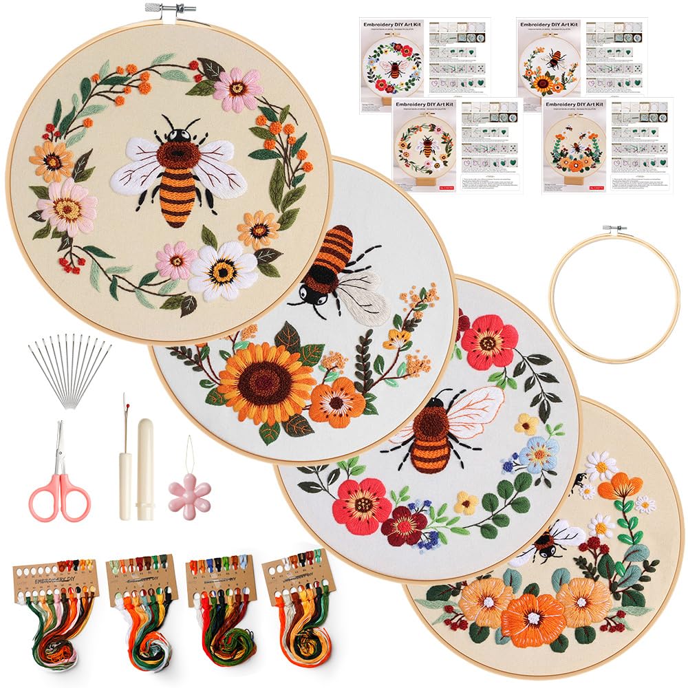 Embroidery Kit for Adults, 4 Sets Cross Stitch Kits for Adults with Stamped Flower Pattern and Easy Instruction, Embroidery Kits with Embroidery Hoop and Color Threads