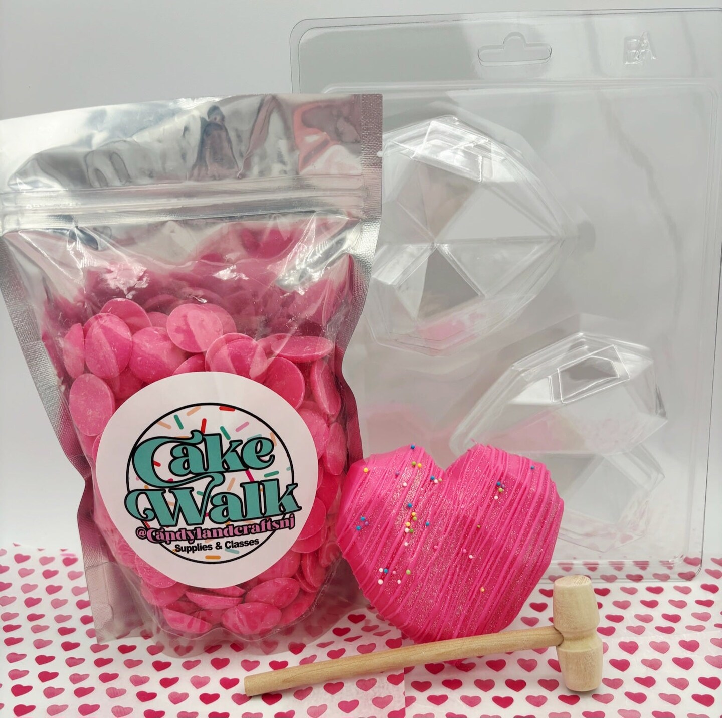 Breakable Heart Valentine Chocolate Kit – Geometric Heart Mold, Mallet + 1 lb Pink Chocolate Wafers