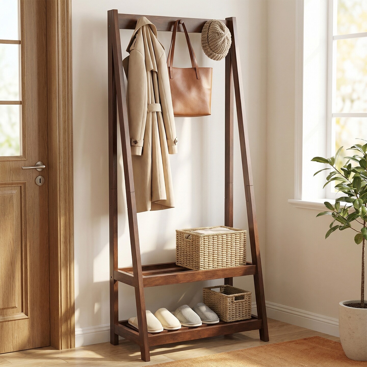 Rubber Wood Coat Rack Freestanding 3 Hooks 2 Storage Shelves