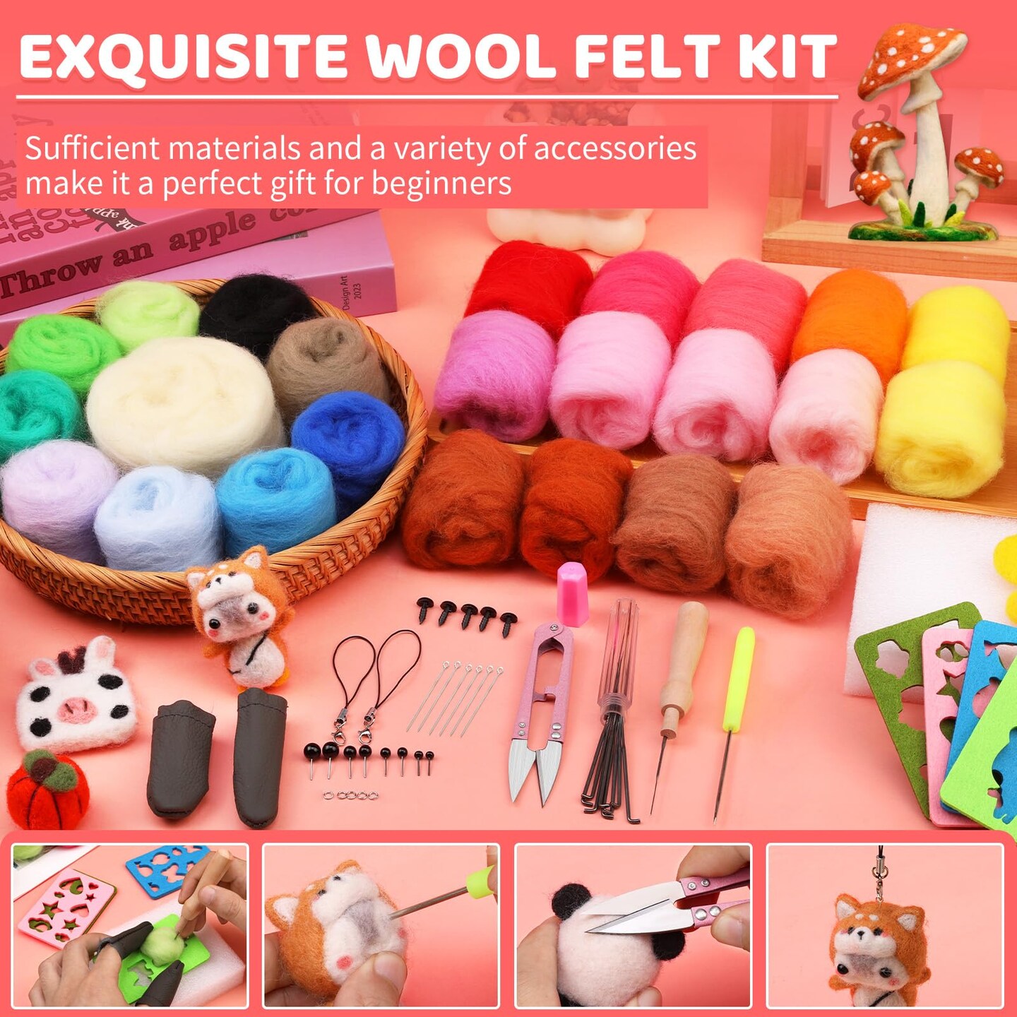 Needle Felting Kit, Wool Roving 24 Colors Set, Needle Wool Felting Tools Kit for Beginners, Needle Felting Starter Kits with Felting Needles for Felted Animal Needle Felting Supplies