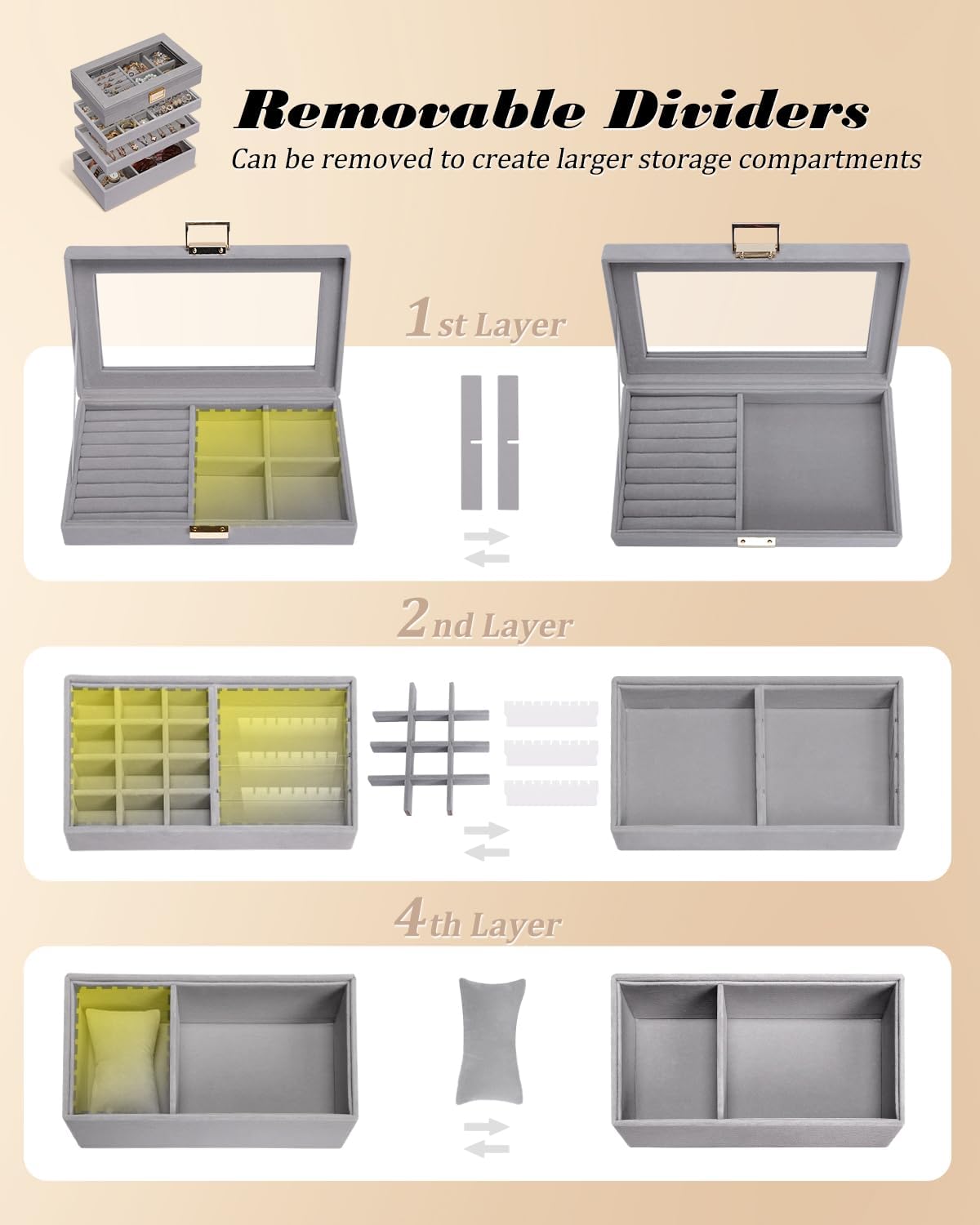Jewelry Tray Stackable Jewelry Box Drawer Organizer with Glass Lid, Removable Dividers for Vanity Table Gift Idea for Girls and Women (Gray)