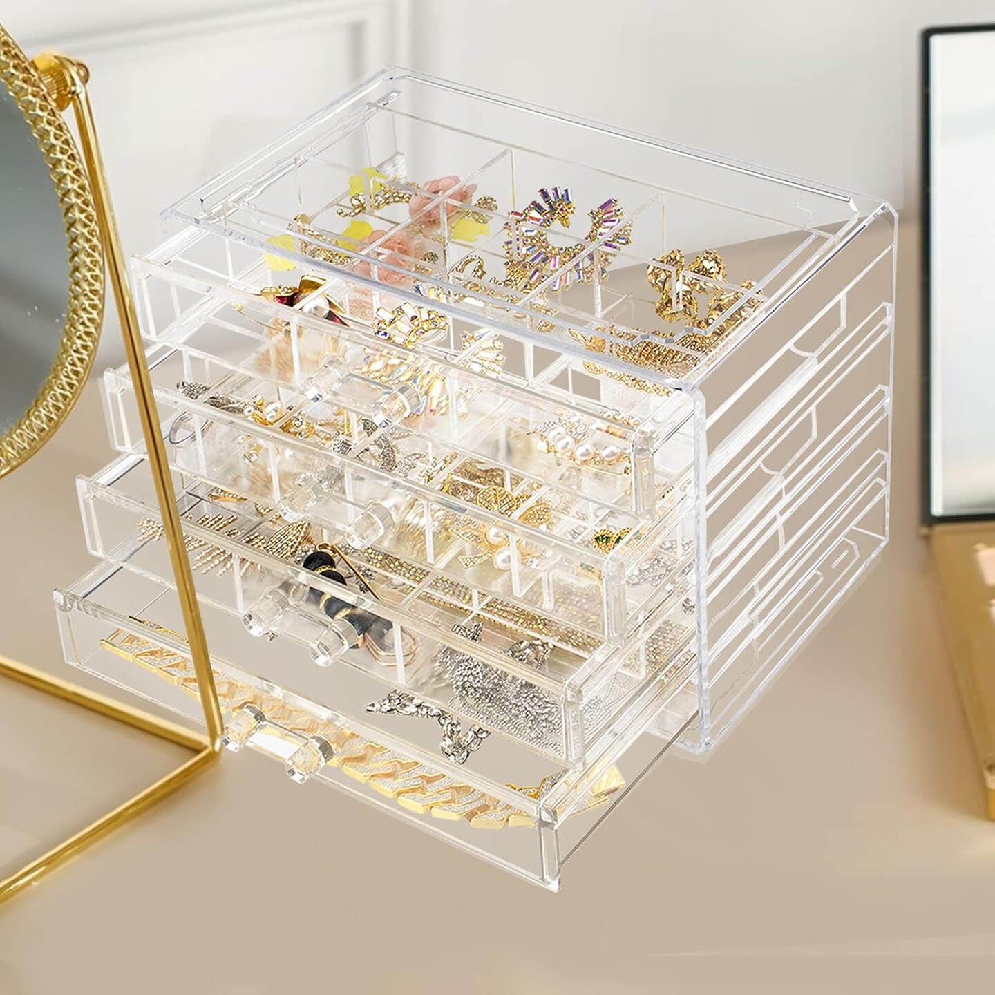 Acrylic Jewelry Box, 72 Grids Clear Jewelry Organizer with Adjustable Dividers, Large Capacity Earring Ring Gift Boxes