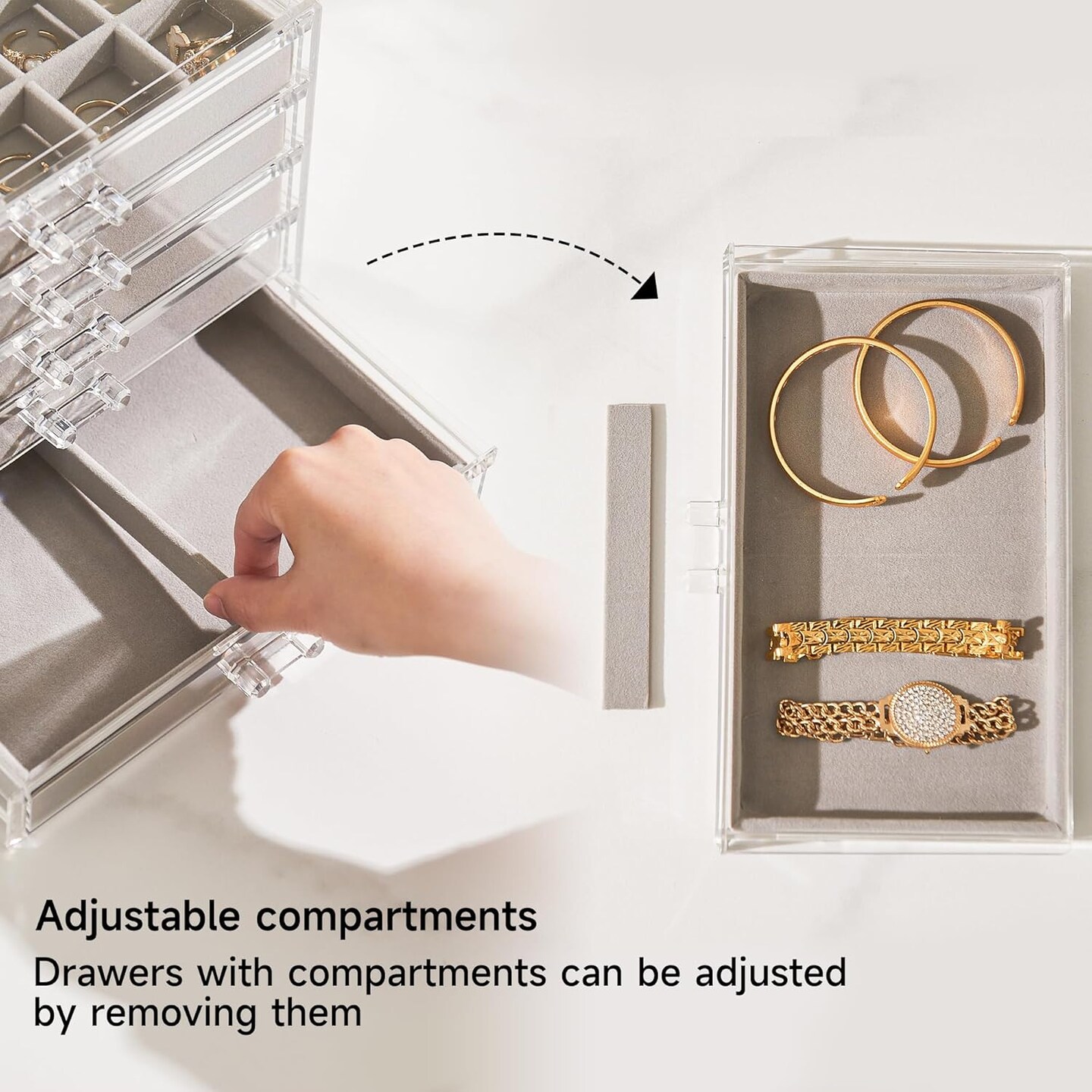 Acrylic Jewelry Organizers and Storage with 5 Drawers, Clear Jewelry Box for Women, Velvet Earring Organizer for Ring Necklace, Gray