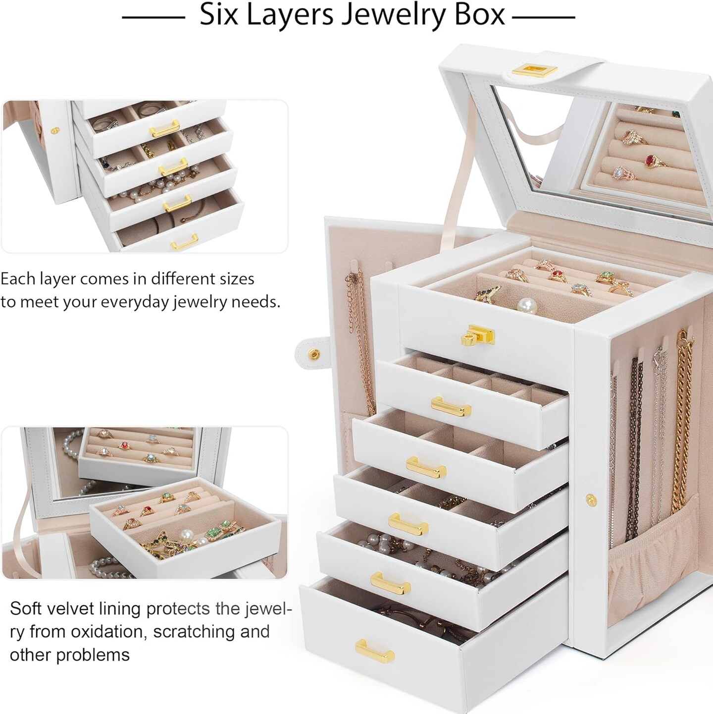 Functional 6-Tier Jewelry Box Organizer with 5 Drawers Leather Jewelry Storage Case for Women Girls Ring Necklace Earring Bracelet Holder Organizer with Mirror White