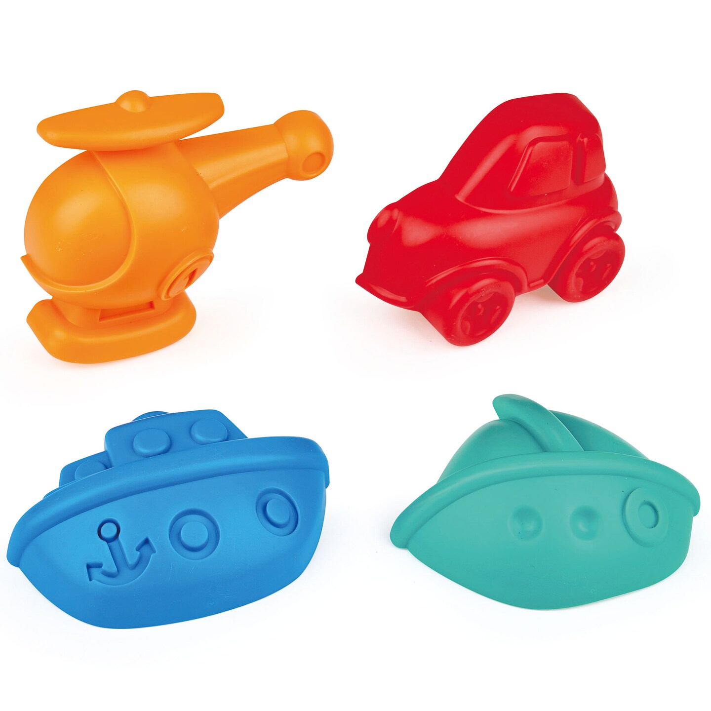 Hape: Travel Sand Mold Set - 4pc: Ship-Sailboat-Car-Helicopter, Colorful Beach & Sand Toys, Transportation Themed Molds, Kids & Toddlers Ages 18mo+