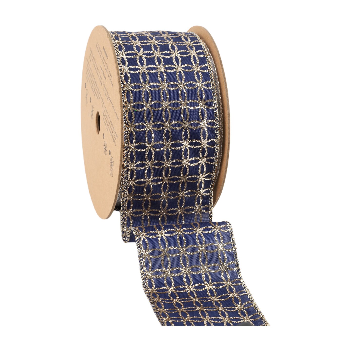 LaRibbons 2 1/2" Wired Ribbon | Gold Circle on Dark Blue | 10 Yard Roll