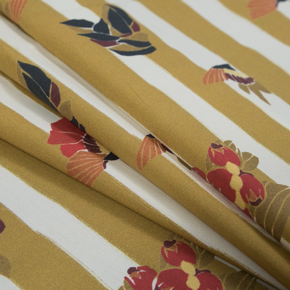 1 Yard Mustard Cotton Poplin Fabric with Floral Stripes Print